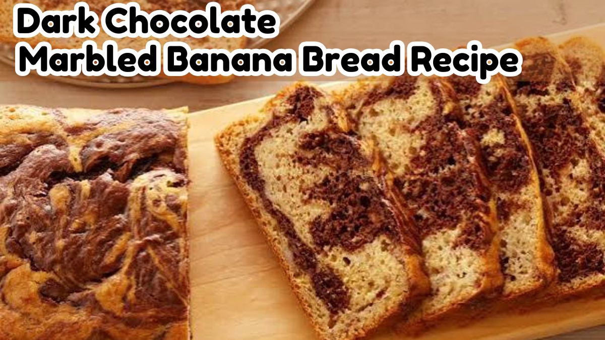 Dark Chocolate Marbled Banana Bread Recipe showing moist banana bread with beautiful dark chocolate swirls