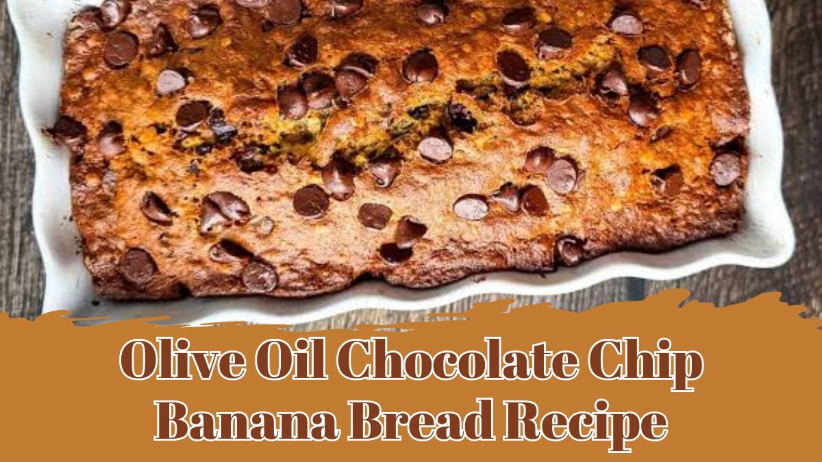 Olive Oil Chocolate Chip Banana Bread Recipe showing moist banana bread filled with melted chocolate chips